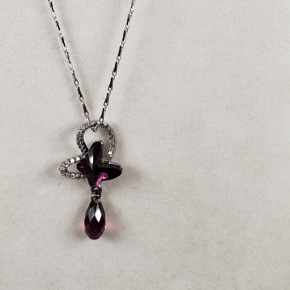 Citled Swarovski Crystal Birth Stone Amethyst Double Butterfly Pendant - Picture 5 of 13